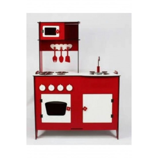 Büyük Boy Eğitici Ahşap Montessori Mutfak Seti Kırmızı 98x70cm