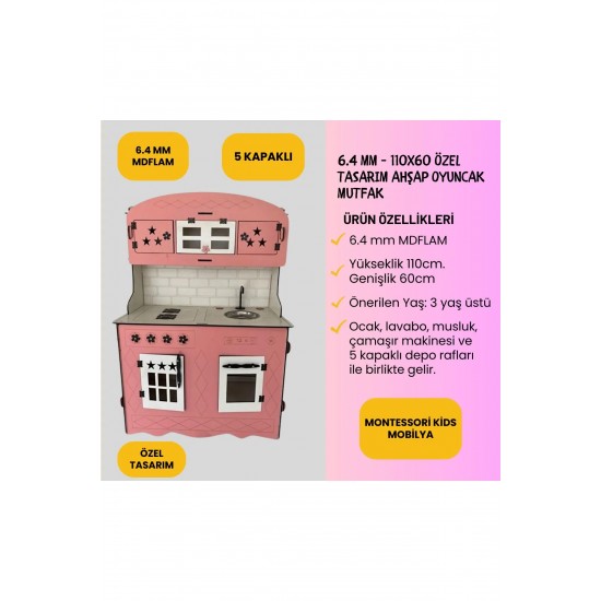 Dekoratif Doğal Ahşap Eğitici Kız Çocuk Montessori Mutfak Seti Pembe 80*60