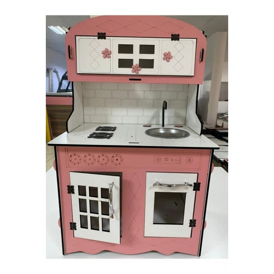 Dekoratif Doğal Ahşap Eğitici Kız Çocuk Montessori Mutfak Seti Pembe 80*60