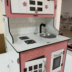 Dekoratif Doğal Ahşap Eğitici Kız Çocuk Montessori Mutfak Seti Pembe 80*60