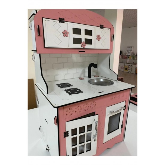 Dekoratif Doğal Ahşap Eğitici Kız Çocuk Montessori Mutfak Seti Pembe 80*60