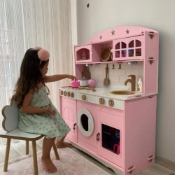 Pembe Boyalı Ahşap Mutfak 7 Parça Servis Seti Ve 2 Adet Led Aydınlatma Hediyeli