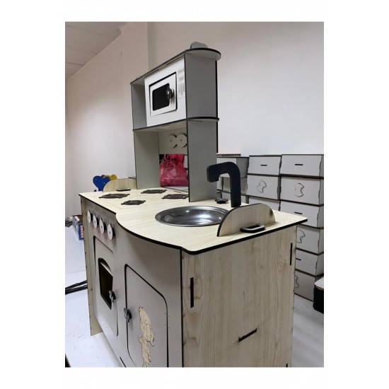 Büyük Boy Ahşap Montessori Boyalı Mutfak - Gri, 80x100 - 6mm